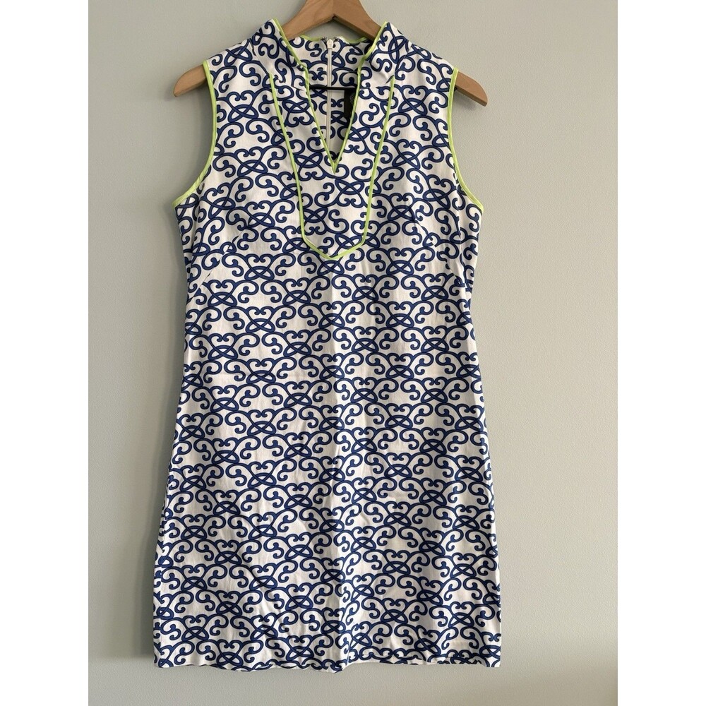 Vince Camuto Dress Womens 8 Blue White Print Neon Green Trim Knee Length Spring
